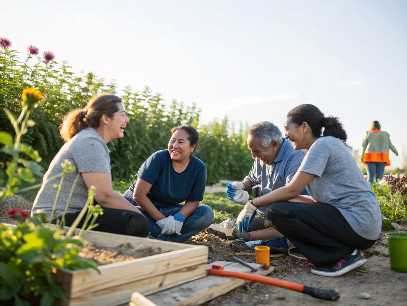 A photograph capturing a group of volunteers assisting with the setup of an outdoor art exhibition in a vineyard, showcasing community involvement and support for the arts.