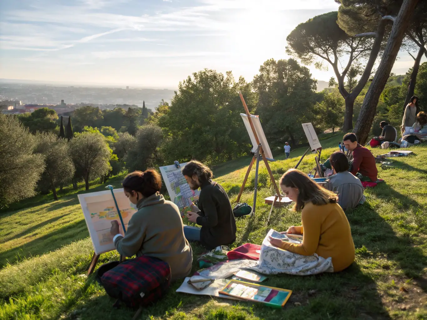 A dynamic image of tourists participating in an art workshop during a cultural heritage tour, highlighting the promotion of art-based tourism and cultural immersion.