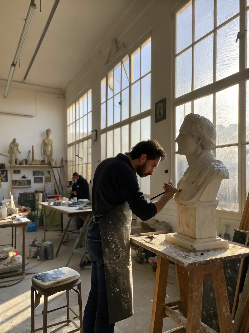 A photograph of an artist working on a site-specific installation in a historical building in Bourgogne–Franche-Comté, part of the 'Contemporary Art Residency' program.