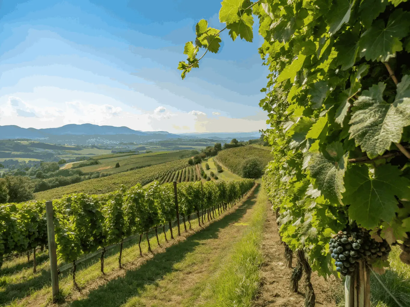 A picturesque image of an outdoor art exhibition set amidst the vineyards of Bourgogne, showcasing contemporary sculptures and installations.