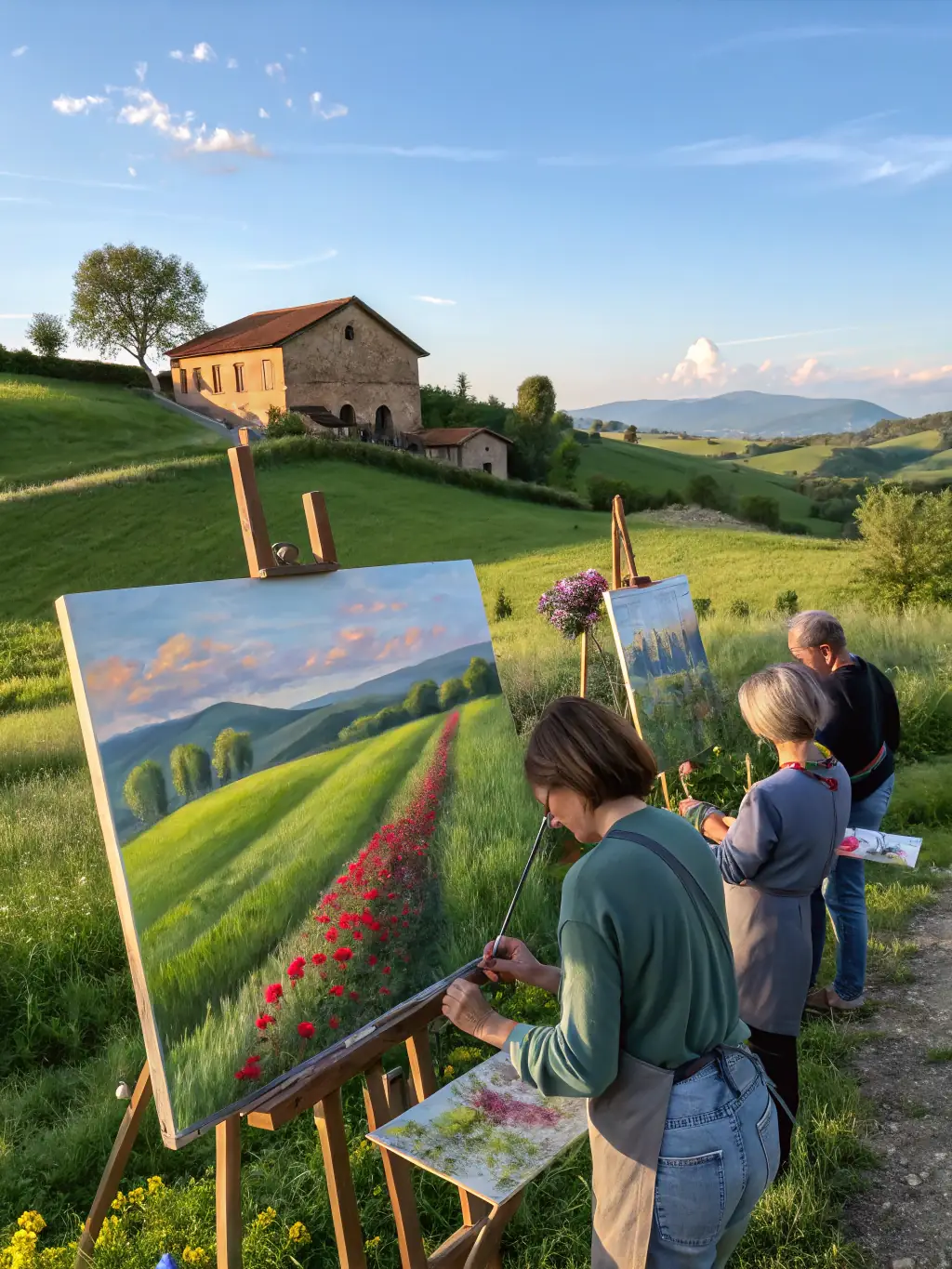A photograph capturing a group of artists painting en plein air in a vineyard in Bourgogne, France, showcasing the 'Art in the Vineyards' program.